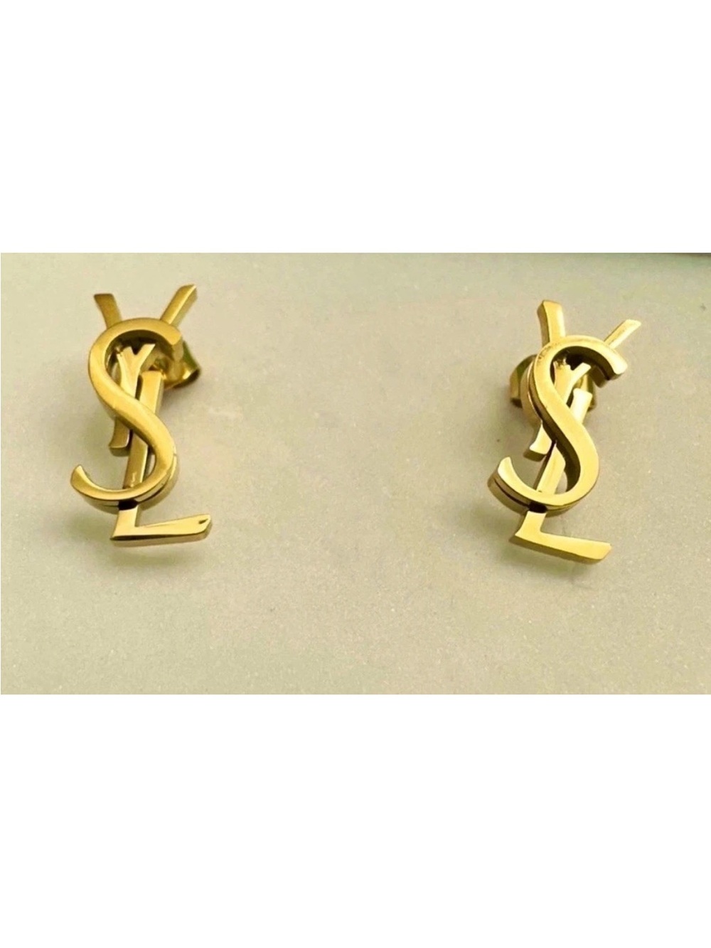 YSL Gold Tone Logo Stud Earrings